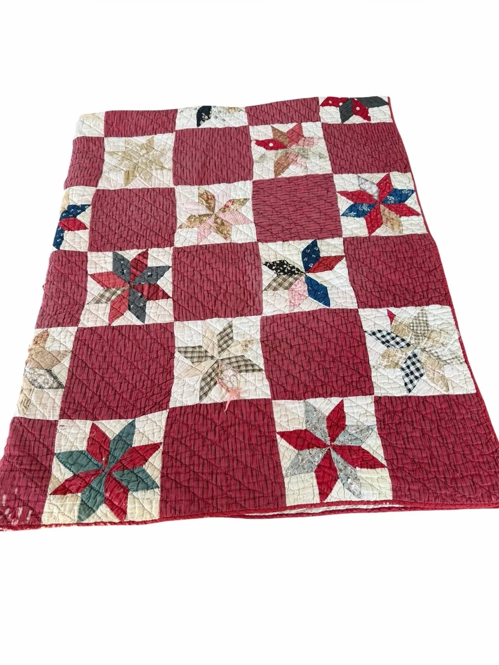 Vintage Lemoyne Star Hand Sewn Quilt Americana Vibes Gauzy Cotton 64x78 CUTTER